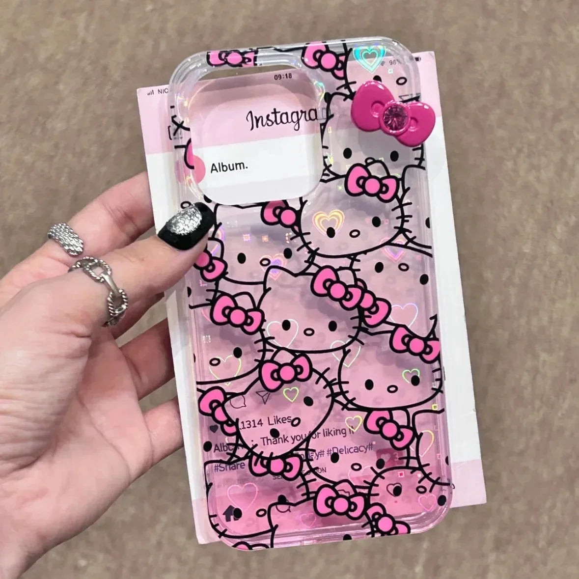 Sanrio Hello Kitty Bow Full Screen KT Gradient Phone Case For iPhone 16 15 14 13 12 11 Pro Max XR XS Max 78 Plus MiNi Y2K Cover