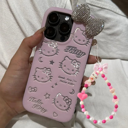 Sanrio Full Diamond Bow Hello Kitty Creative Phone Case For iPhone 16 15 14 13 12 11 Pro Max XR XS Max 7 8 Plus MINI Y2K Cover