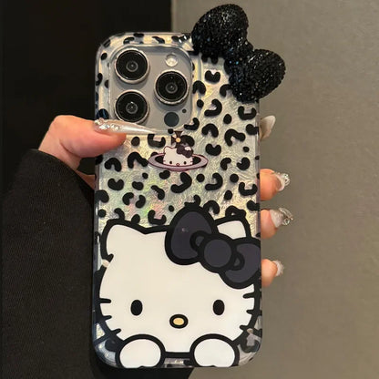 Hello Kitty Leopard Print Diamond Bow Phone Case For iPhone 16 15 14 13 12 11 Pro Max XR XS MAX 7 8 Plus MINI Y2K Luxury Cover