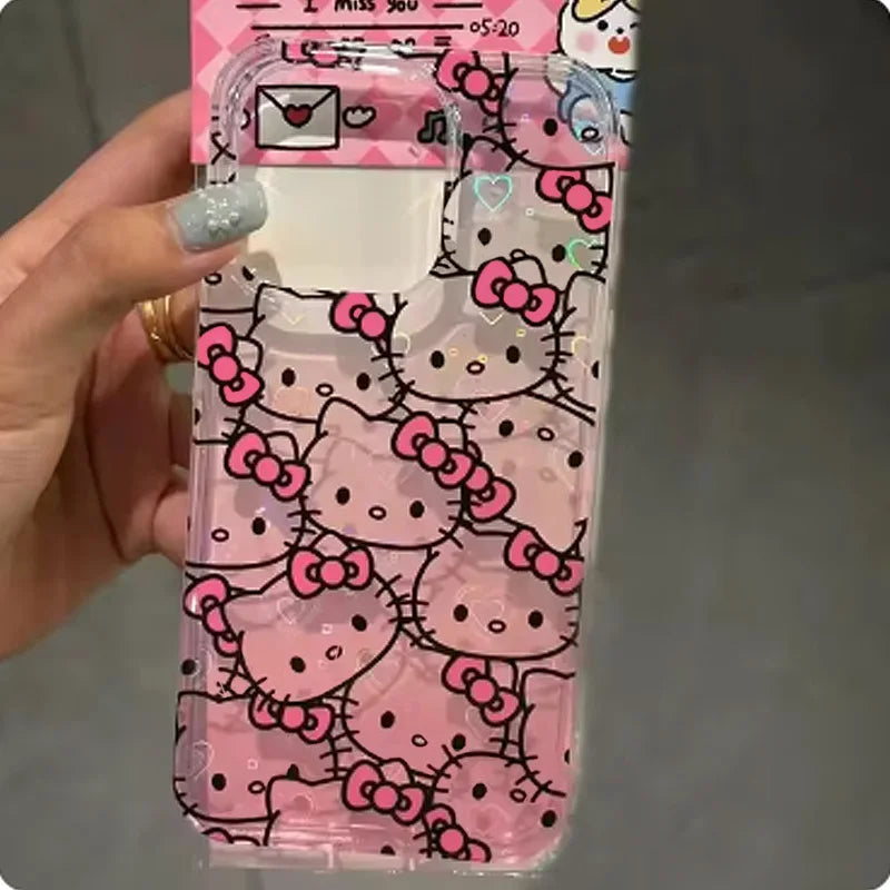 Sanrio Hello Kitty Bow Full Screen KT Gradient Phone Case For iPhone 16 15 14 13 12 11 Pro Max XR XS Max 78 Plus MiNi Y2K Cover