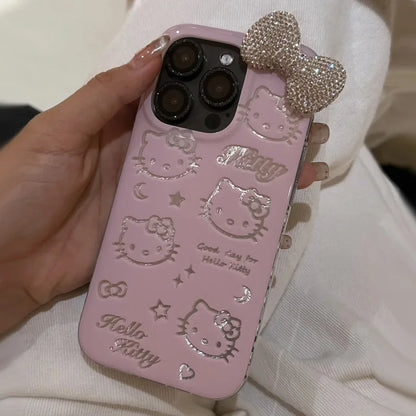 Sanrio Full Diamond Bow Hello Kitty Creative Phone Case For iPhone 16 15 14 13 12 11 Pro Max XR XS Max 7 8 Plus MINI Y2K Cover