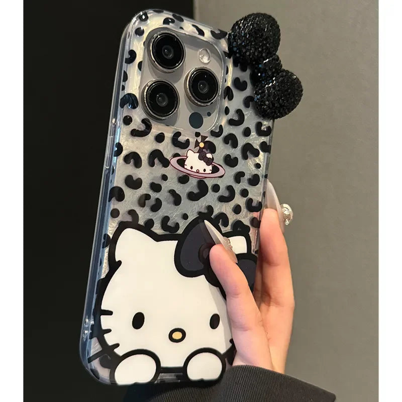 Hello Kitty Leopard Print Diamond Bow Phone Case For iPhone 16 15 14 13 12 11 Pro Max XR XS MAX 7 8 Plus MINI Y2K Luxury Cover