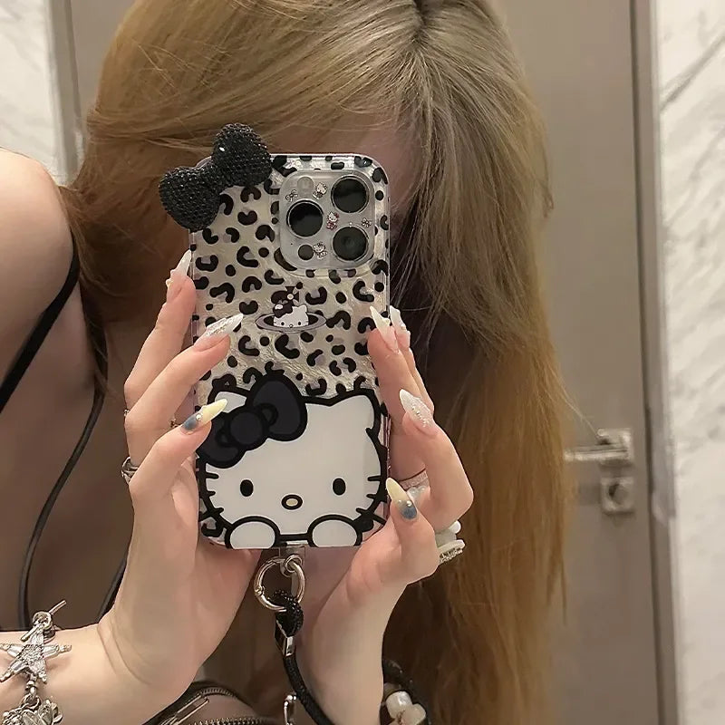 Hello Kitty Leopard Print Diamond Bow Phone Case For iPhone 16 15 14 13 12 11 Pro Max XR XS MAX 7 8 Plus MINI Y2K Luxury Cover