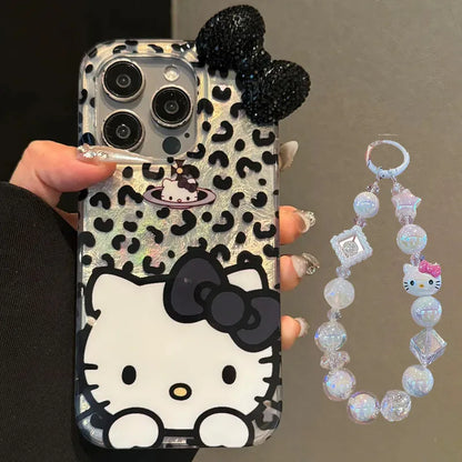 Hello Kitty Leopard Print Diamond Bow Phone Case For iPhone 16 15 14 13 12 11 Pro Max XR XS MAX 7 8 Plus MINI Y2K Luxury Cover