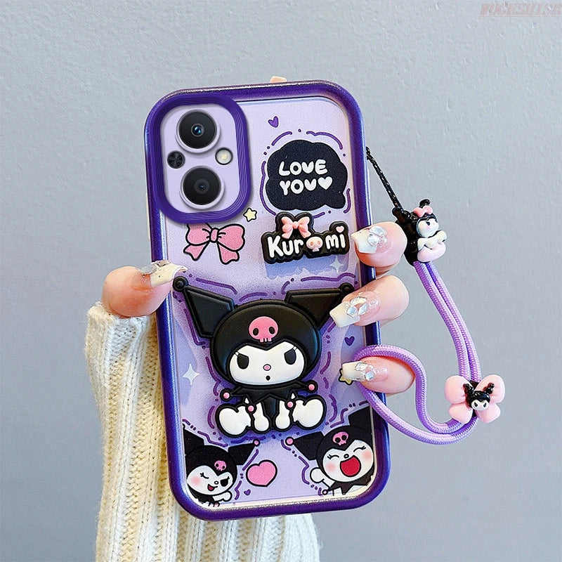 3D Cartoon Kuromi Strawberry Bear Wrist Strap Case For iPhone 15 Pro Max 14 Plus 13 12 11 X Xr Xs 8 7 6s Mini SE Cute Soft Cover