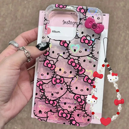 Sanrio Hello Kitty Bow Full Screen KT Gradient Phone Case For iPhone 16 15 14 13 12 11 Pro Max XR XS Max 78 Plus MiNi Y2K Cover