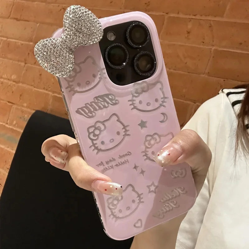 Sanrio Full Diamond Bow Hello Kitty Creative Phone Case For iPhone 16 15 14 13 12 11 Pro Max XR XS Max 7 8 Plus MINI Y2K Cover