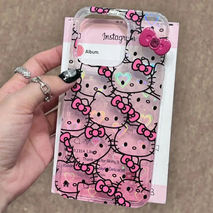 Sanrio Hello Kitty Bow Full Screen KT Gradient Phone Case For iPhone 16 15 14 13 12 11 Pro Max XR XS Max 78 Plus MiNi Y2K Cover