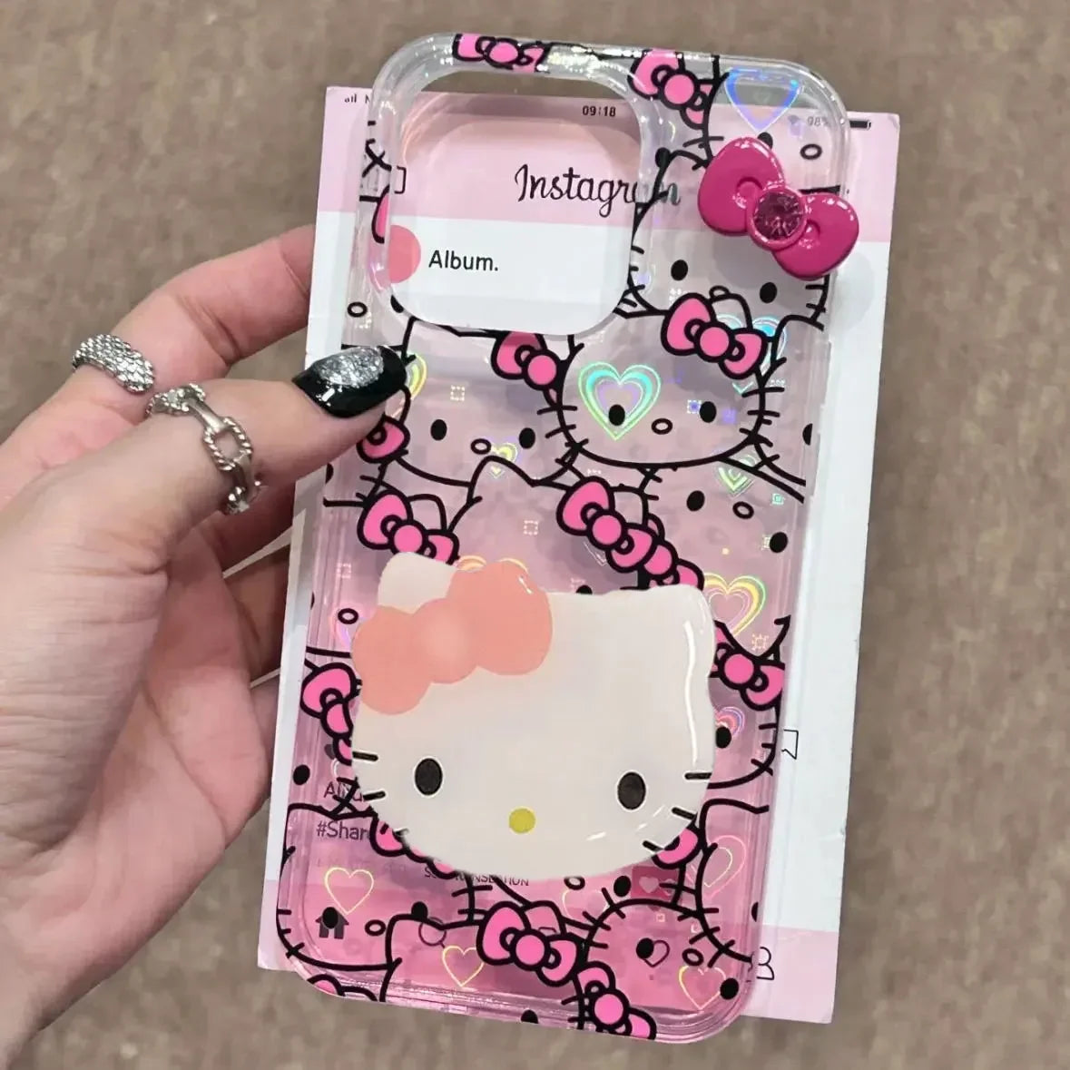 Sanrio Hello Kitty Bow Full Screen KT Gradient Phone Case For iPhone 16 15 14 13 12 11 Pro Max XR XS Max 78 Plus MiNi Y2K Cover